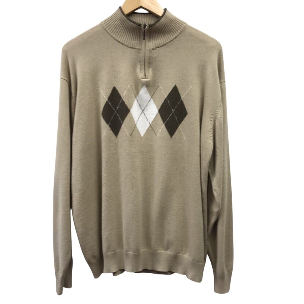 Pronto Uomo Sweater Mens XL Argyle Brown White Quarter Zip